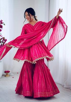 Pink Embroidery Chanderi Sharara Set