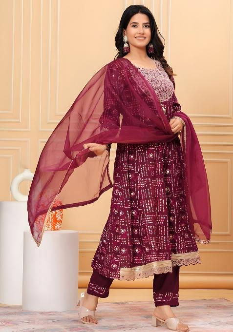 Wine Embroidery Rayon Kurta Set