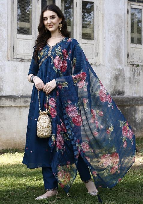 Blue Embroidery Rayon Kurta Set