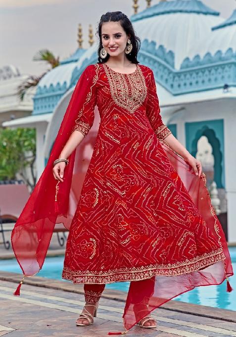 Red Embroidery Rayon Kurta Set