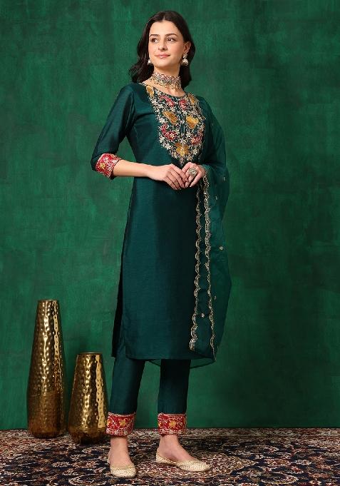 Green Embroidery Vichitra Kurta Set