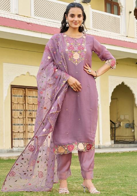 Purple Embroidery Tissue Kurta Set