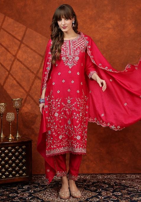 Pink Embroidery Silk Kurta Set