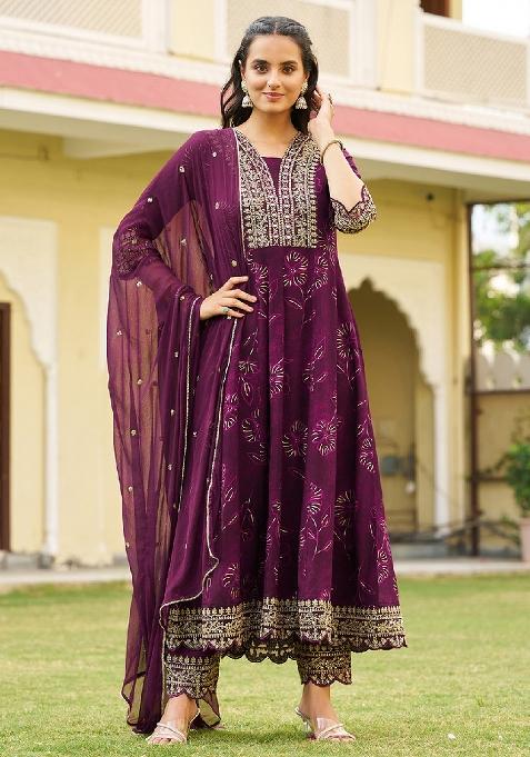 Wine Embroidery Rayon Kurta Set