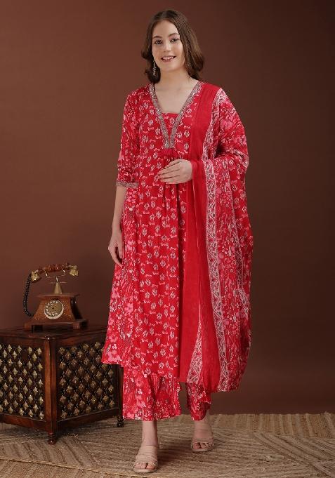 Red Embroidery Cotton Kurta Set