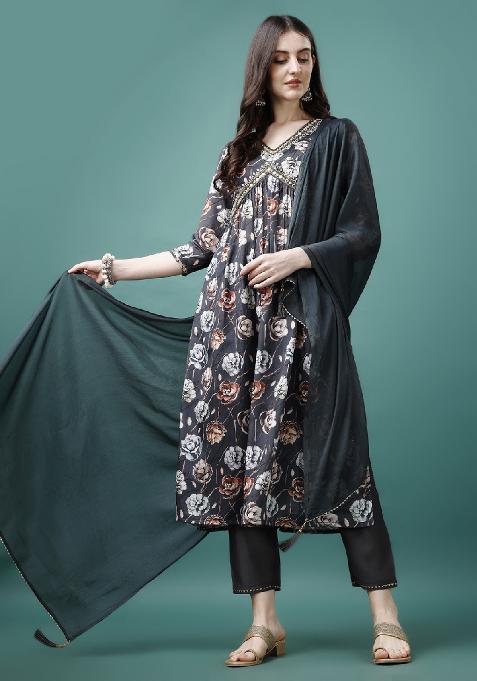 Grey Embroidery Silk Kurta Set