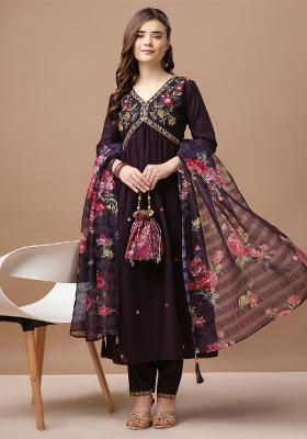 Wine Embroidery Muslin Kurta Set