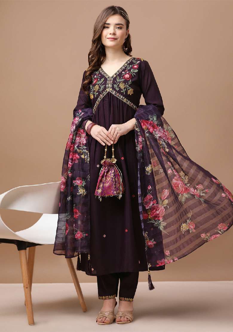 Wine Embroidered Muslin Anarkali Set - Indya