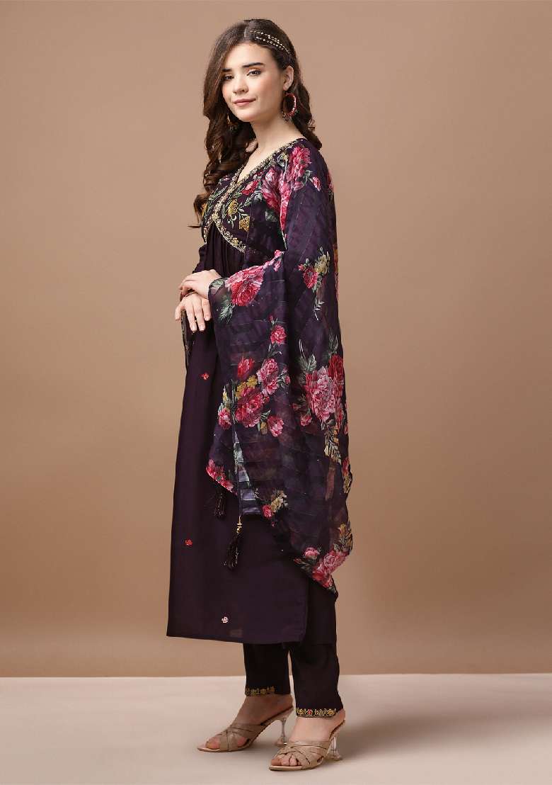 Wine Embroidered Muslin Anarkali Set - Indya