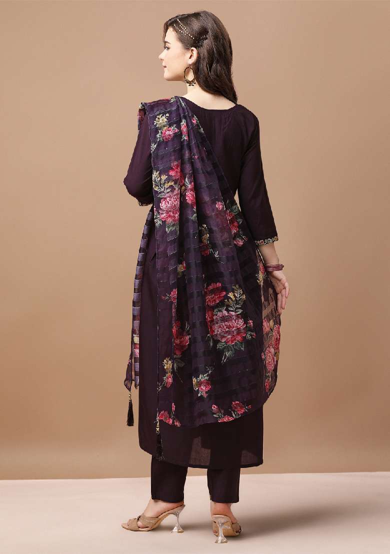 Wine Embroidered Muslin Anarkali Set - Indya