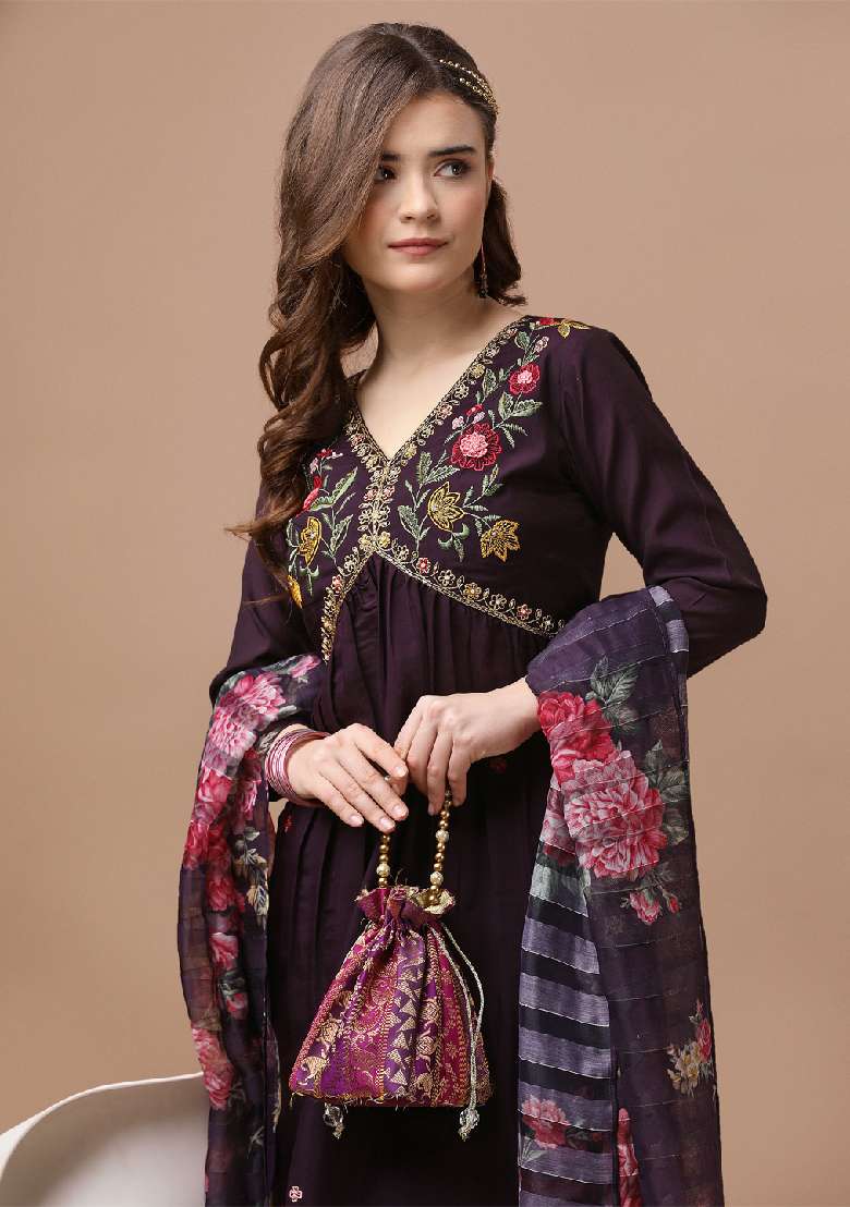 Wine Embroidered Muslin Anarkali Set - Indya