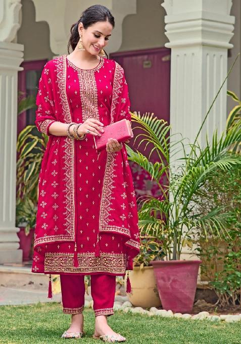 Pink Embroidery Silk Blend Kurta Set