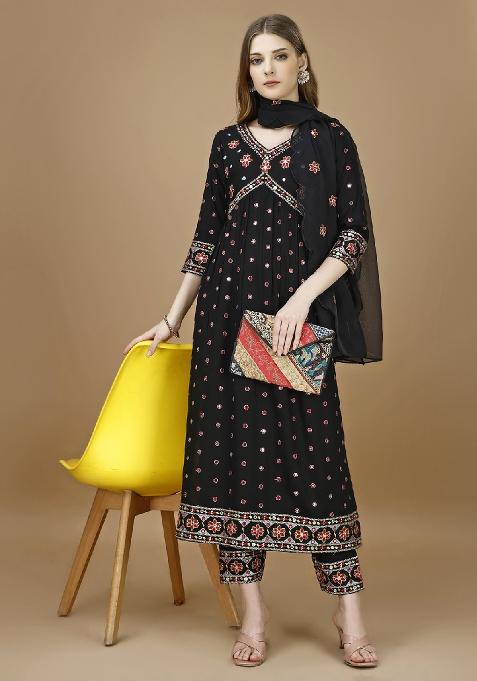 Black Embroidery Rayon Kurta Set