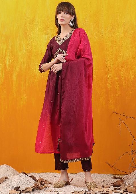 Wine Embroidery Silk Blend Kurta Set