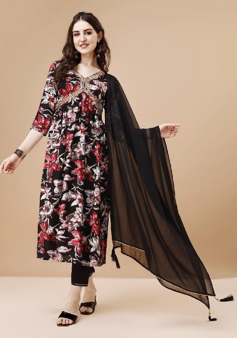 Black Embroidery Rayon Kurta Set