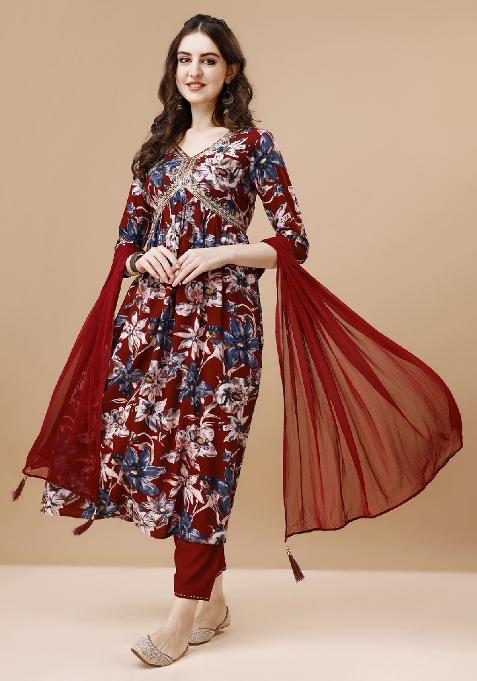 Maroon Embroidery Rayon Kurta Set