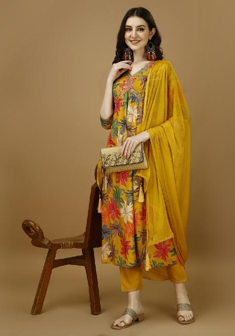 Mustard Embroidery Rayon Kurta Set