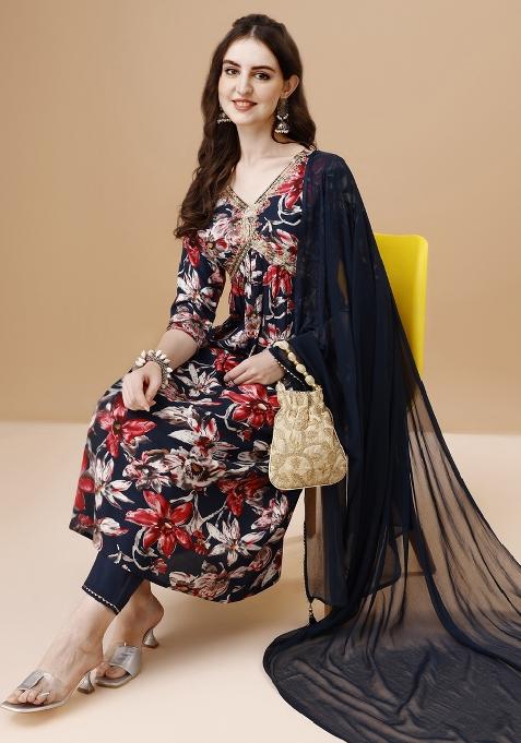 Navy Blue Embroidery Rayon Kurta Set