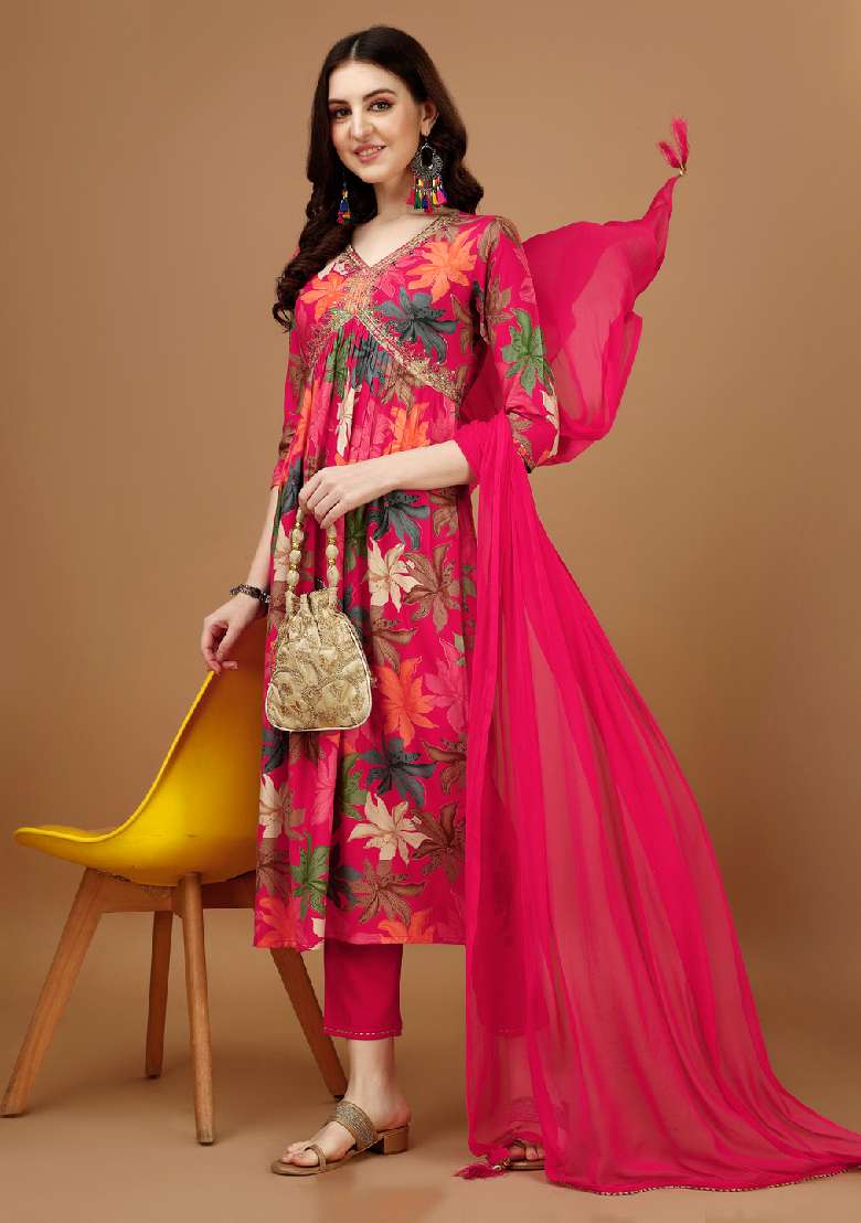 Pink Embroidered Rayon Straight Kurta Set - Indya