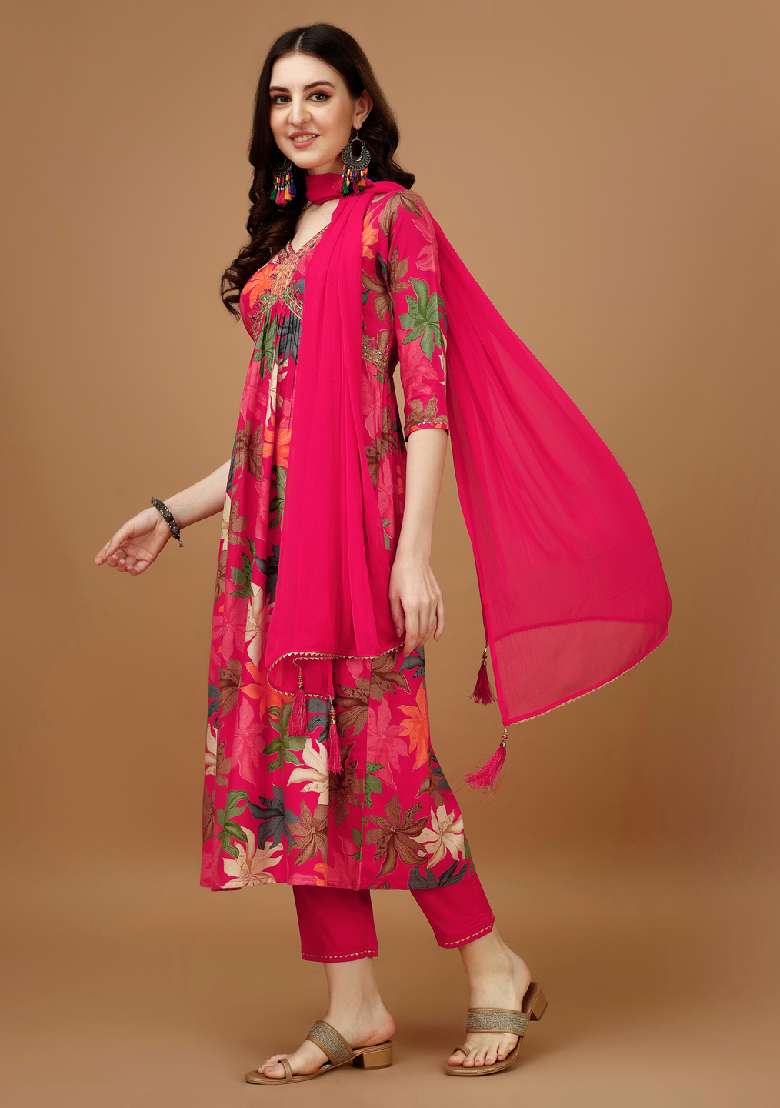 Pink Embroidered Rayon Straight Kurta Set - Indya