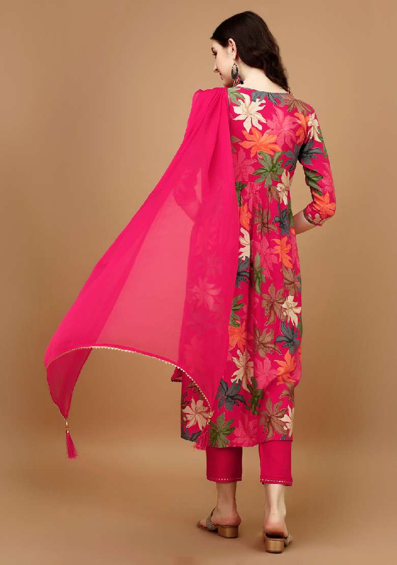 Pink Embroidered Rayon Straight Kurta Set - Indya