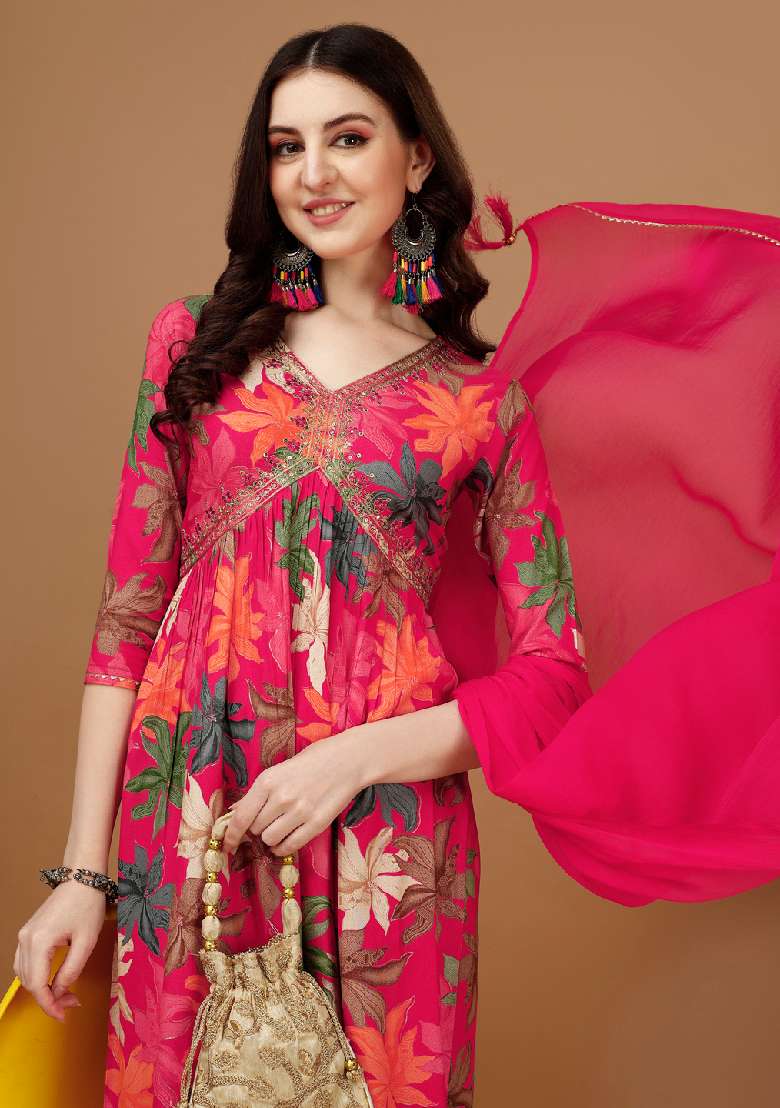 Pink Embroidered Rayon Straight Kurta Set - Indya