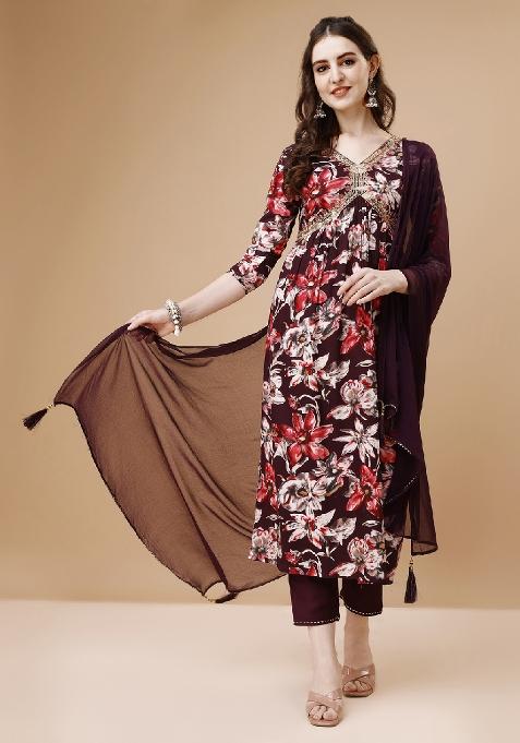 Wine Embroidery Rayon Kurta Set