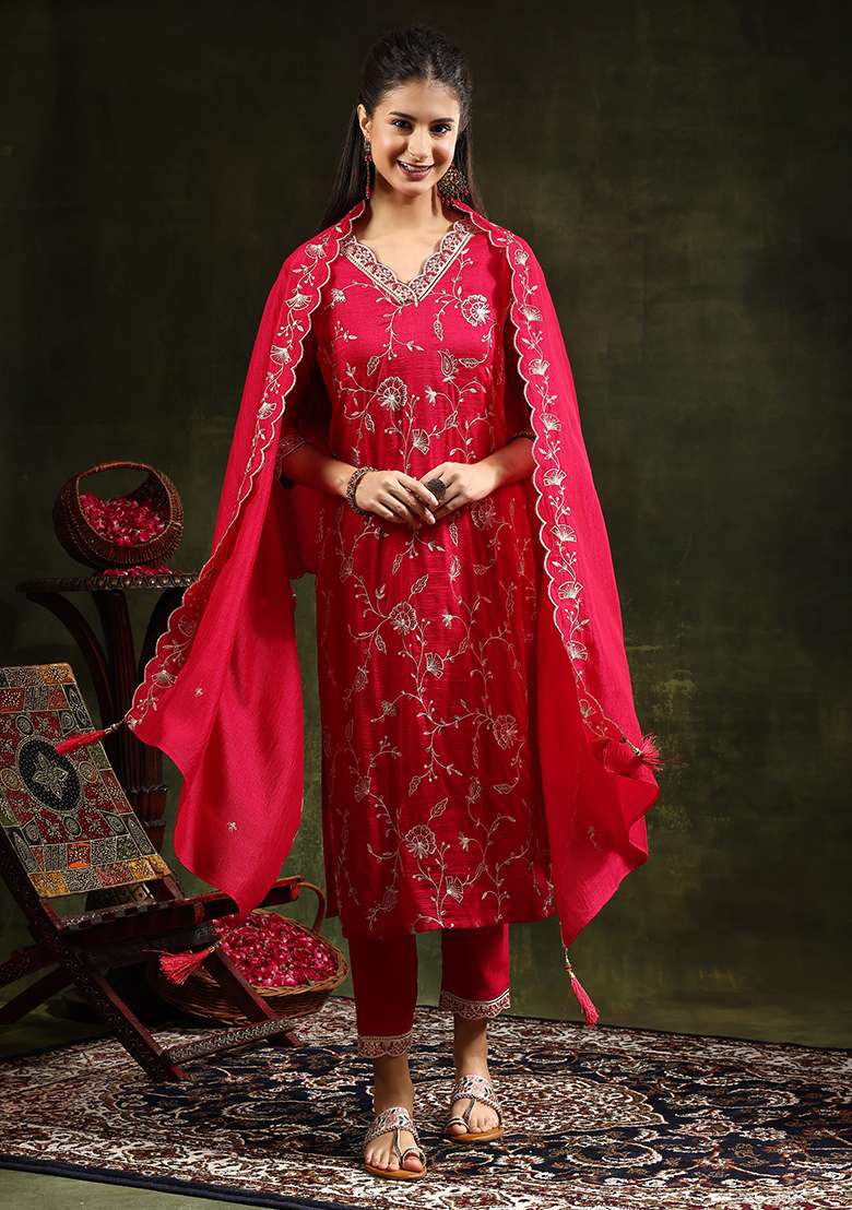 Red Embroidered Blended Straight Kurta Set - Indya
