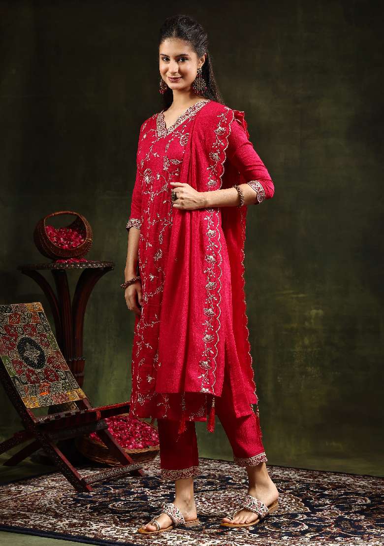 Red Embroidered Blended Straight Kurta Set - Indya