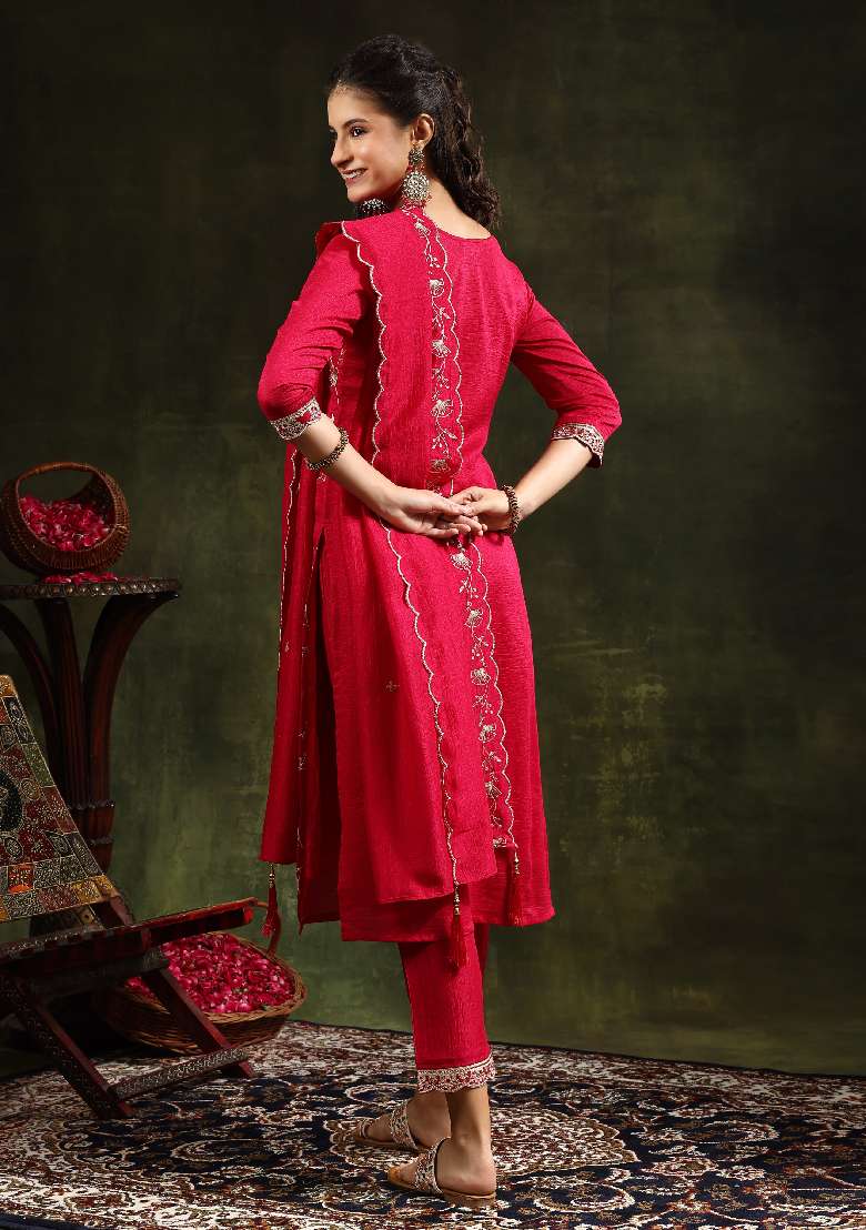 Red Embroidered Blended Straight Kurta Set - Indya