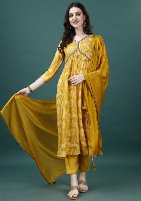 Yellow Embroidery Chinon Kurta Set