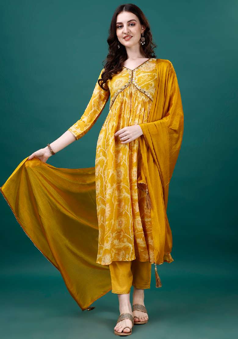 Yellow Printed Chinon Straight Kurta Set - Indya