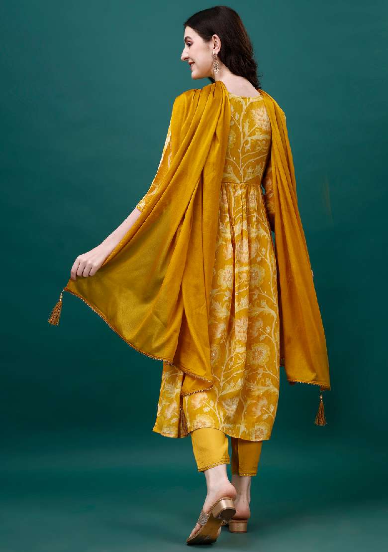 Yellow Printed Chinon Straight Kurta Set - Indya