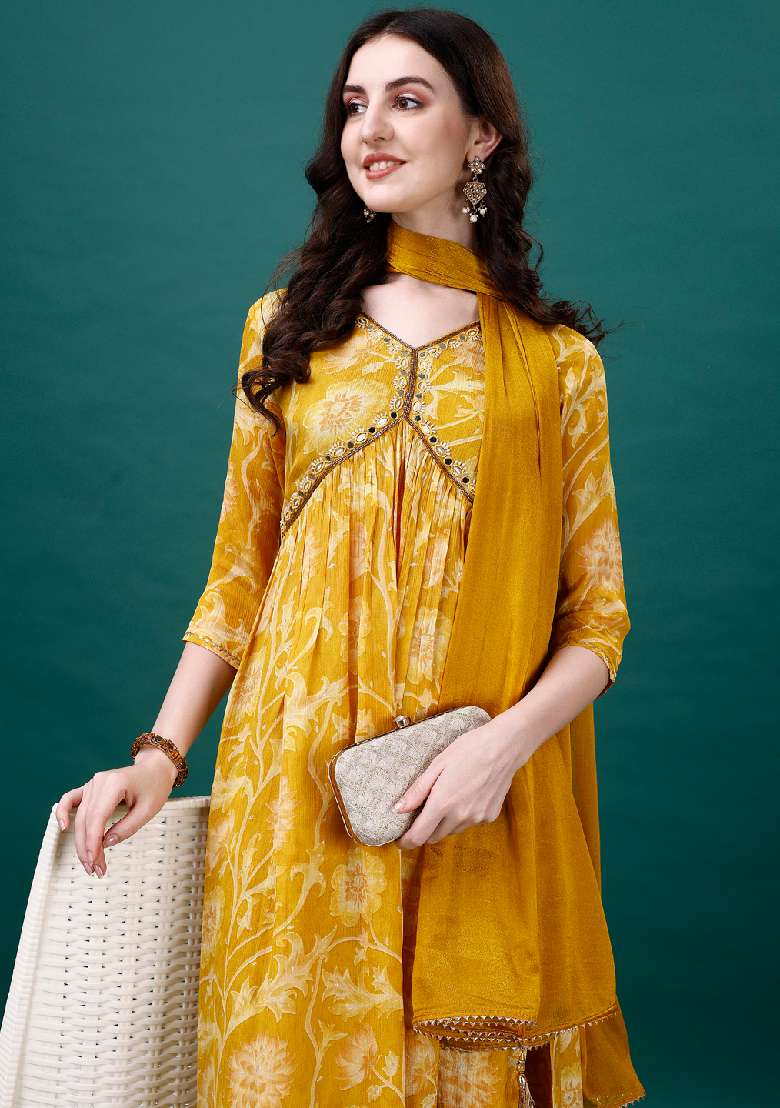 Yellow Printed Chinon Straight Kurta Set - Indya