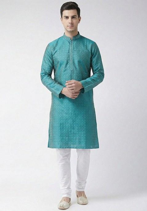 Teal Blue Embroidery Silk Kurta With Pyjama