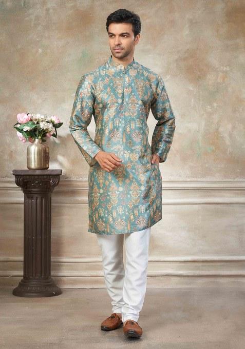 Sky Blue Embroidery Silk Kurta With Pyjama