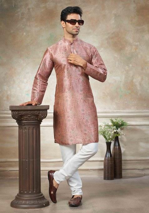Peach Embroidery Silk Kurta With Pyjama