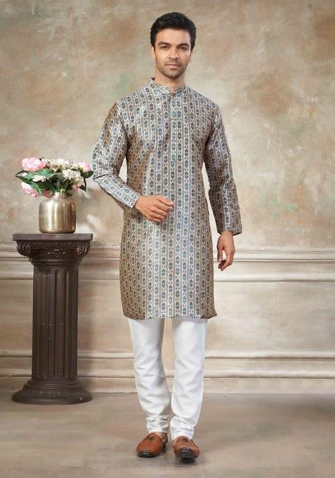 Beige Embroidery Silk Kurta With Pyjama