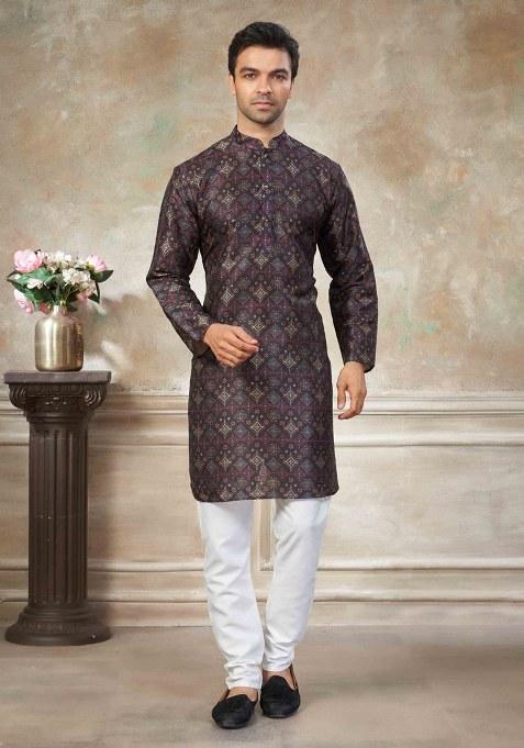 Wine Embroidery Silk Kurta With Pyjama