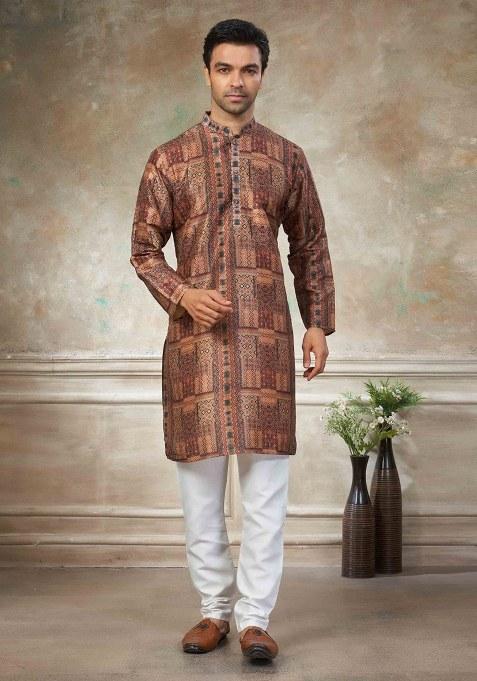 Brown Embroidery Silk Kurta With Pyjama