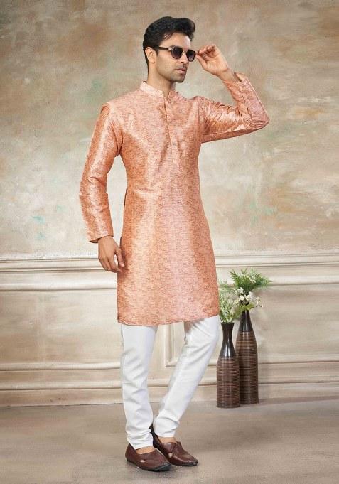 Peach Embroidery Silk Kurta With Pyjama