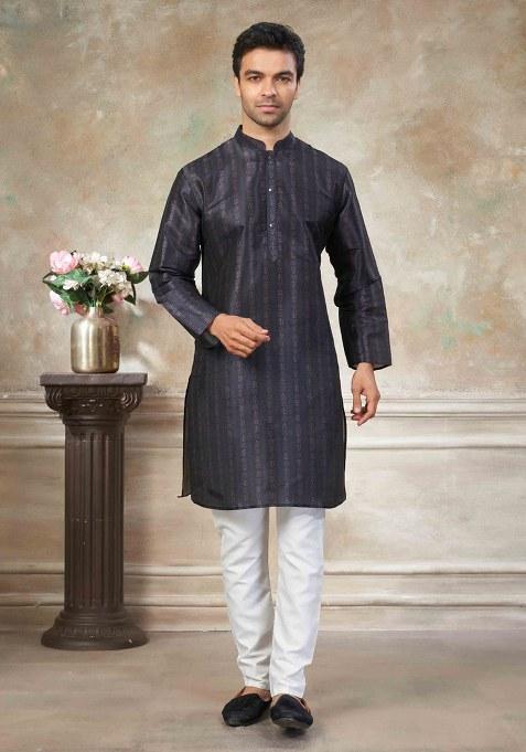 Navy Blue Embroidery Silk Kurta With Pyjama