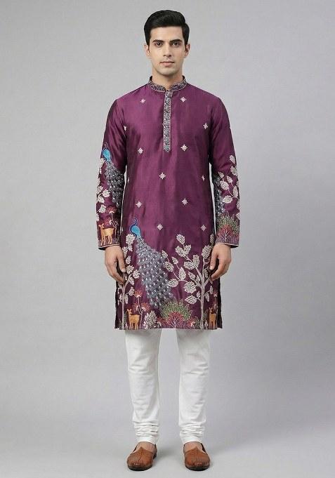 Wine Embroidery Silk Kurta With Pyjama