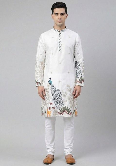 White Embroidery Silk Kurta With Pyjama