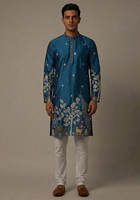Teal Blue Embroidery Silk Kurta With Pyjama