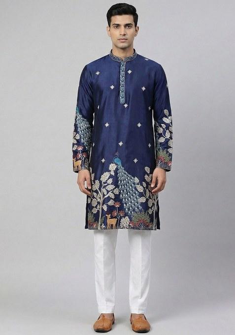 Royal Blue Embroidery Silk Kurta With Pyjama