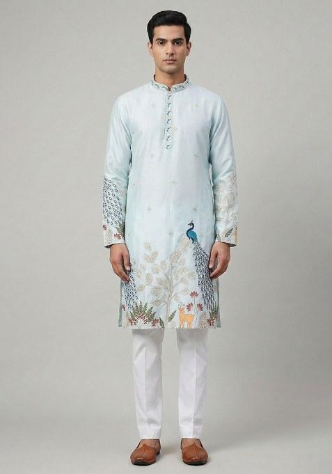 Light Blue Embroidery Silk Kurta With Pyjama