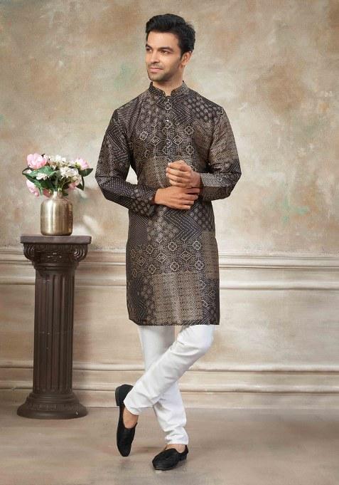 Brown Embroidery Silk Kurta With Pyjama