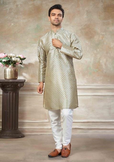 Beige Embroidery Silk Kurta With Pyjama