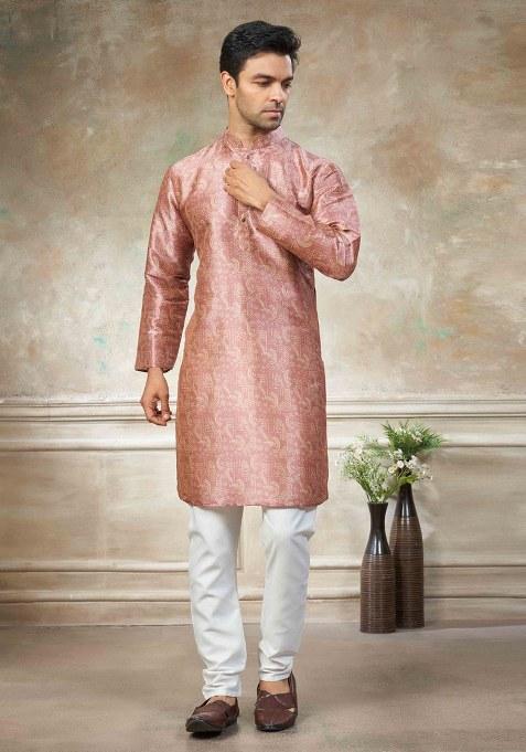Peach Embroidery Silk Kurta With Pyjama